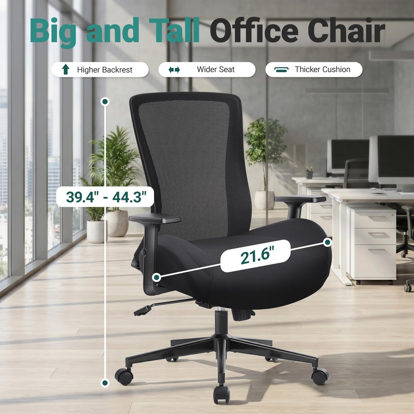 Big and Tall Home Office Desk Chair 400lb Capacity for Heavy People, Ergonomic Wide Mesh Desk Chair with Stepless Recline & Lock, 5.5" Thick Cushion, High Back, Adjustable Height & Armrests
