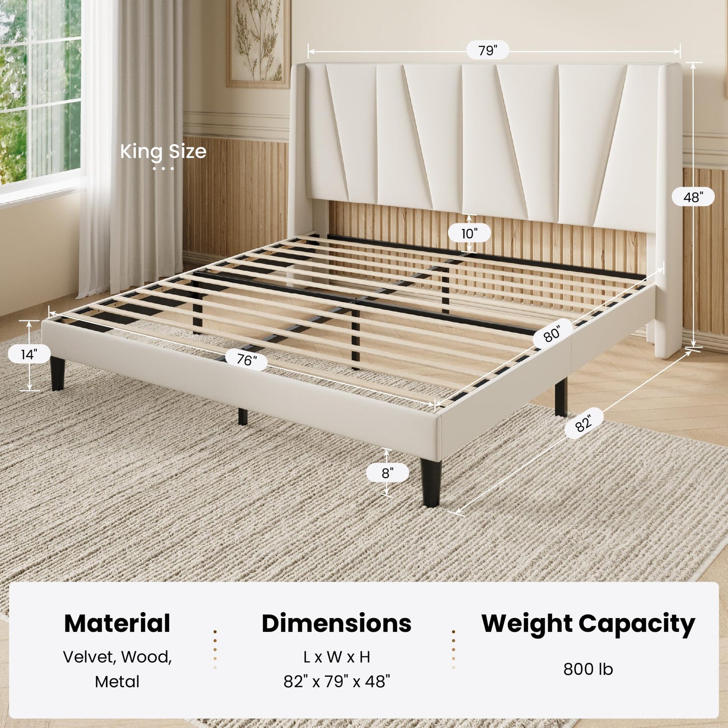 SHA CERLIN King Size Velvet Bed Frame with Geometric Wingback Headboard, Upholstered Platform Bed with Wooden Slats Support, 8" Under-Bed Space, No Box Spring Needed, Easy Assembly, Cream