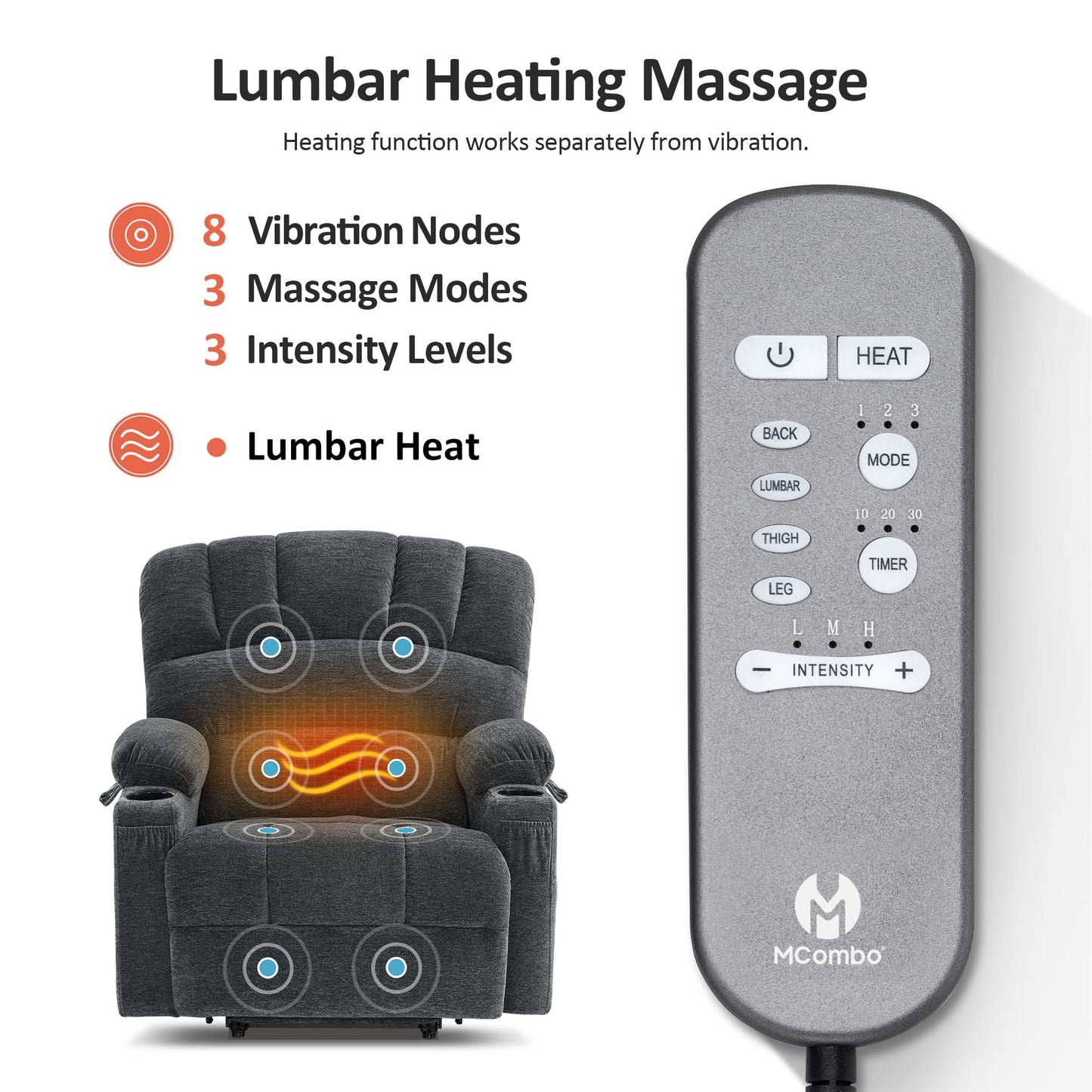 MCombo Power Lift Recliner Chair for Elderly, Lift Chair with Heat and Massage, 150° Max Recline, Extra Wide Lift Recliner for Big People, Fabric R7096 (Medium-Wide, Dark Grey)