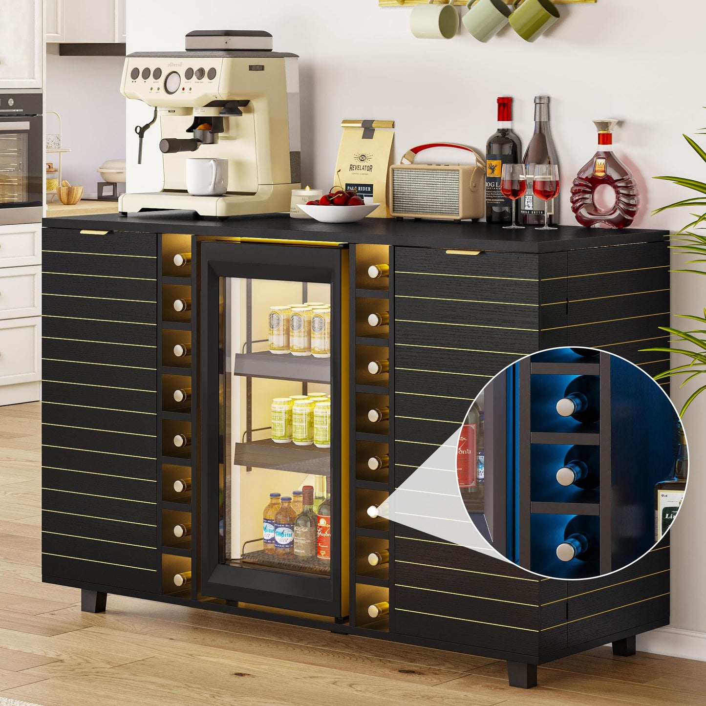 Feonase Coffee Bar Cabinet with Fridge Space (Fridge Not Include), Wine Cabinet with Wine Storage, Liquor Bar Cabinet with LED Lights, 16 Wine Racks, Wine Storage for Kitchen, Dining Room, Living Room