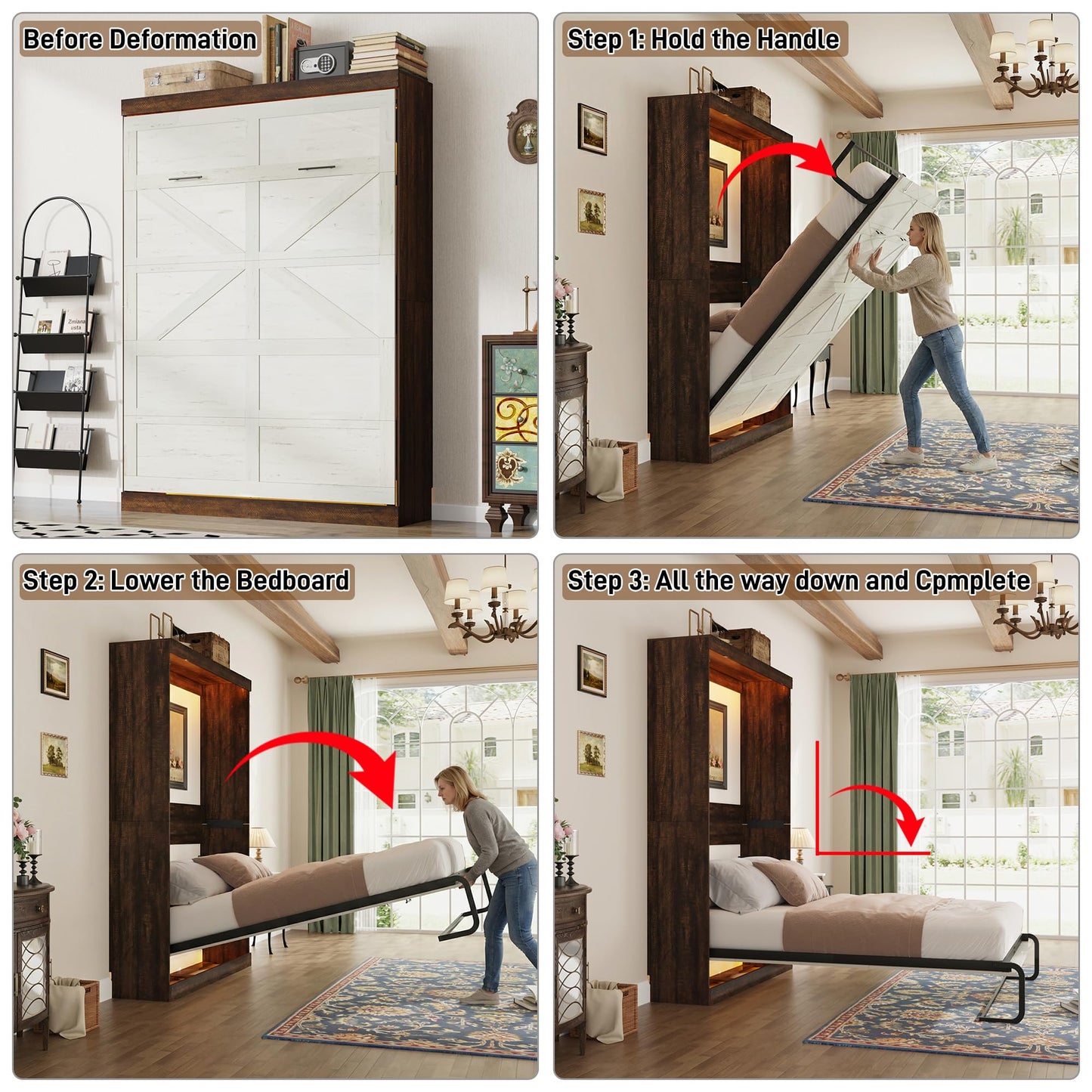 Hlivelood Queen Size Murphy Bed with 2 LED Lights, Farmhouse Wood Hidden Foldable Wall Bed Frame w/Gas Struts, Storage Bed Cabinet for Bedroom, Office, Space-Saving, No Box Spring Needed, Rustic White