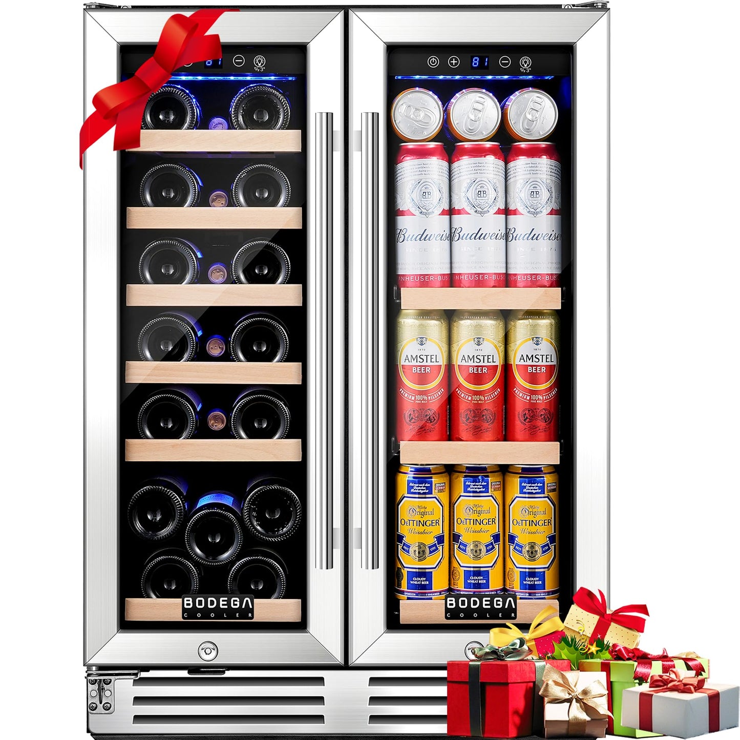 BODEGA 24 Inch Wine and Beverage Refrigerator, Dual Zone Wine and Bar Beverage Cooler, Commercial Black Bar Cooler With 2 Glass Doors, Bar Fridge Hold 19 Bottles and 57 Cans,Built-In or Freestanding.