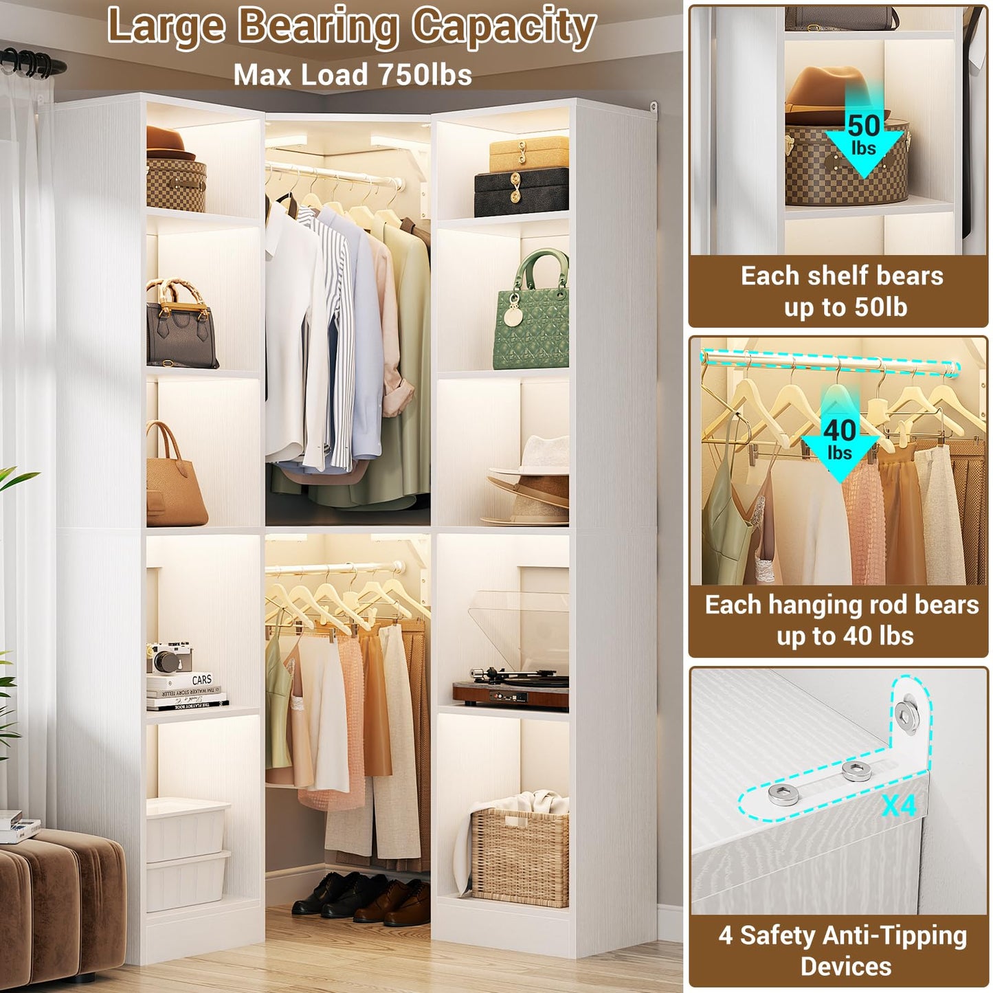 Besiost Corner Closet System with 12 Shelves, 39.2" Corner Closet Organizer System with 2 Hanging Rods, Versatile 6-Tier Walk-in Closets for Corner Space, White (39.2" L x 39.2" W x 80" H)