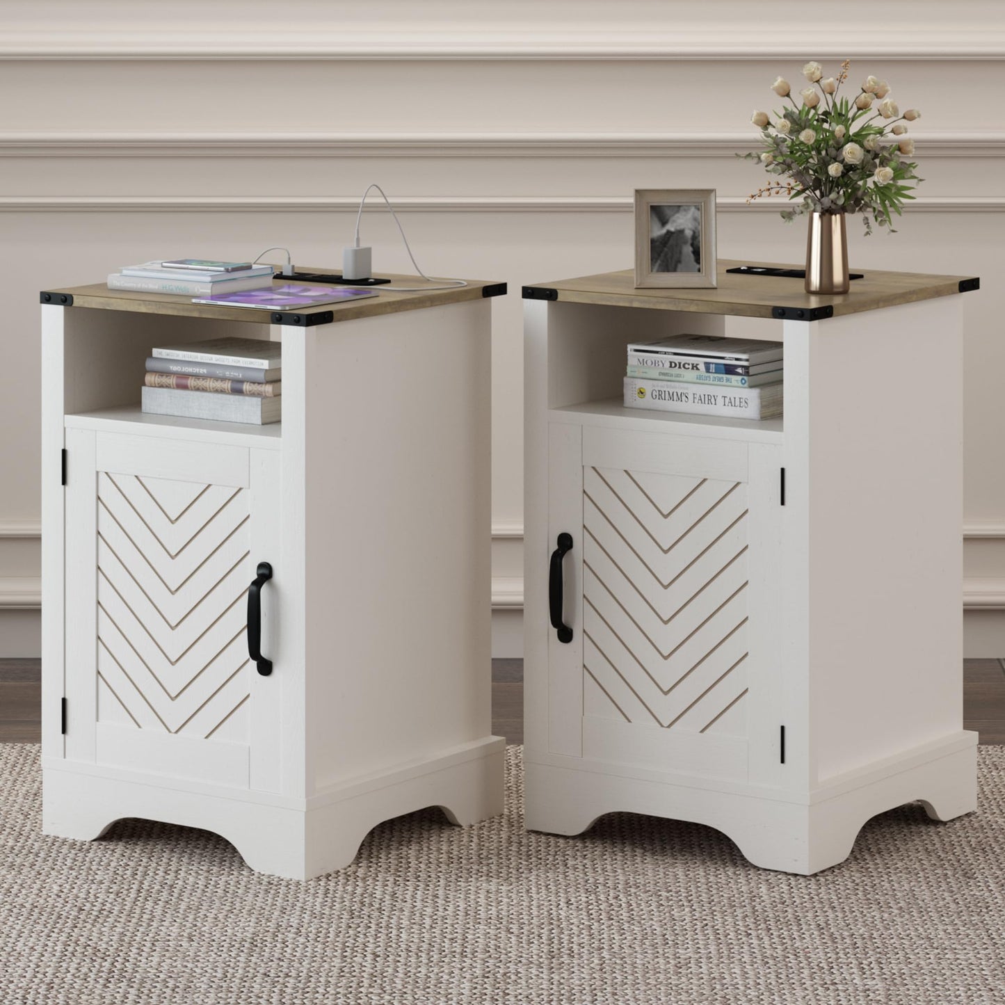 FansaFurn Farmhouse End Table with Charging Station Set of 2, Rustic Night Stand with Storage Cabinet and Shelf, Tall Wooden Bedside Table for Bedroom, Living Room, Rustic Oak and White