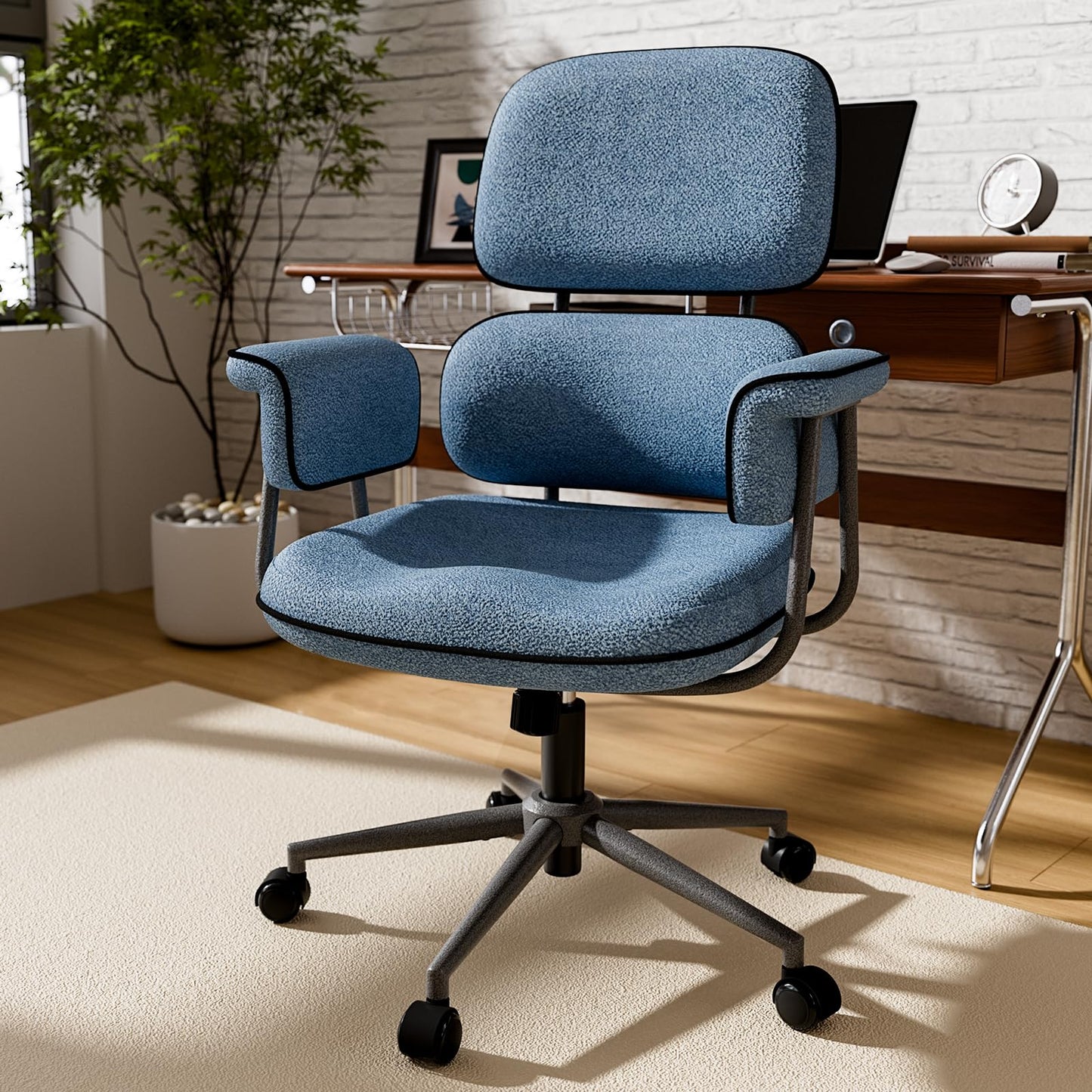 HomeZeer Blue Office Chair with Memory Foam Cushion, Fabric Office Chair with Wheels and Arms, Mid Century Modern Desk Chair with Adjustable Height and Granular Linen