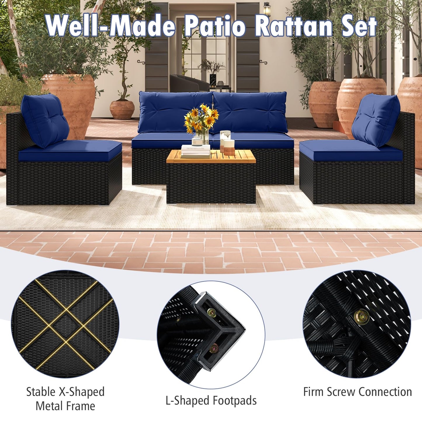 Tangkula 5 Pieces Wicker Patio Furniture Set, Outdoor 4 Armless Rattan Sofa & Coffee Table Set, with Cushions, Acacia Wood Tabletop, Sectional Patio Conversation Set for Lawn, Yard, Poolside, Navy