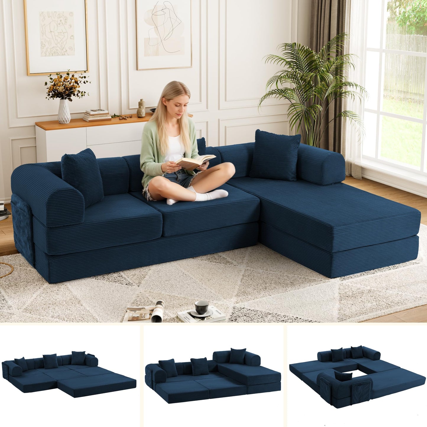 Topcomfy 106.3" Modular Sectional Sleeper Sofa with Metal Frame Support, Convertible 4-Seater L-Shaped Cloud Couch for Living Room, Corduroy Memory Foam Pit Sofa, Blue