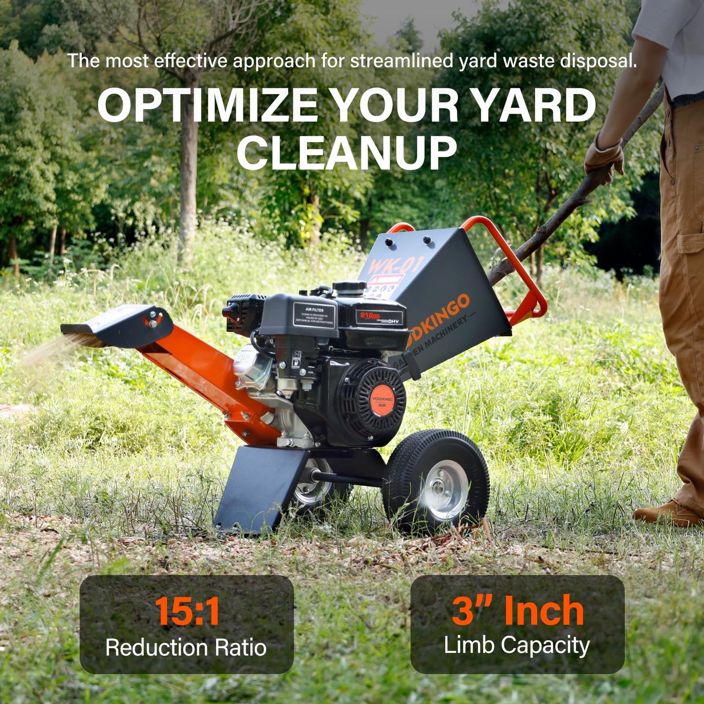 WOODKINGO Wood Chipper Shredder Mulcher Heavy Duty 7 HP Gas Powered Compact Rotor Assembly 3 Inch Max Capacity 212cc Gas Powered Engine 4-Stroke Fast Chipping Chopping for Forestry, Gardens (WK-01)