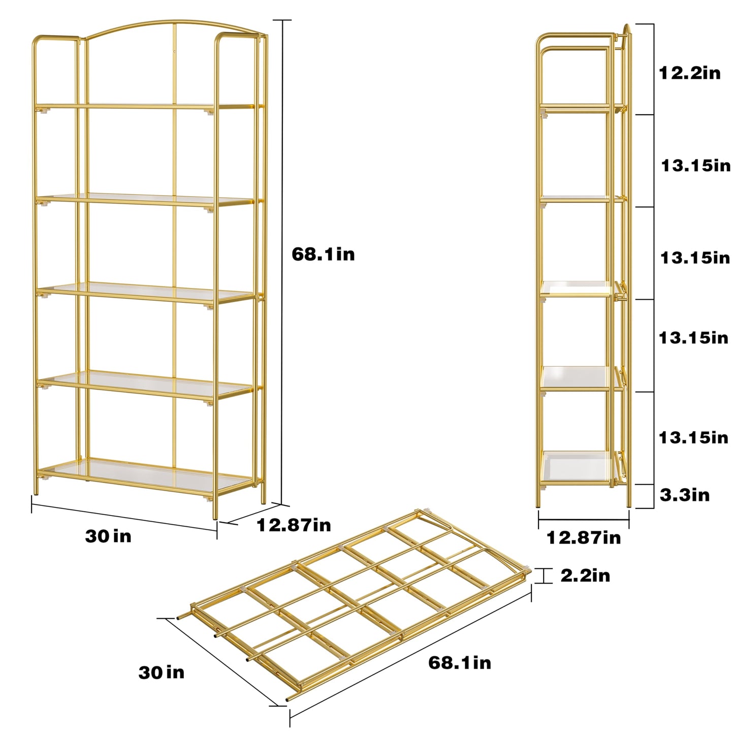 Crofy 5-Tier Wider Foldable Bookshelf, Gold Frame & Transparent Shelves