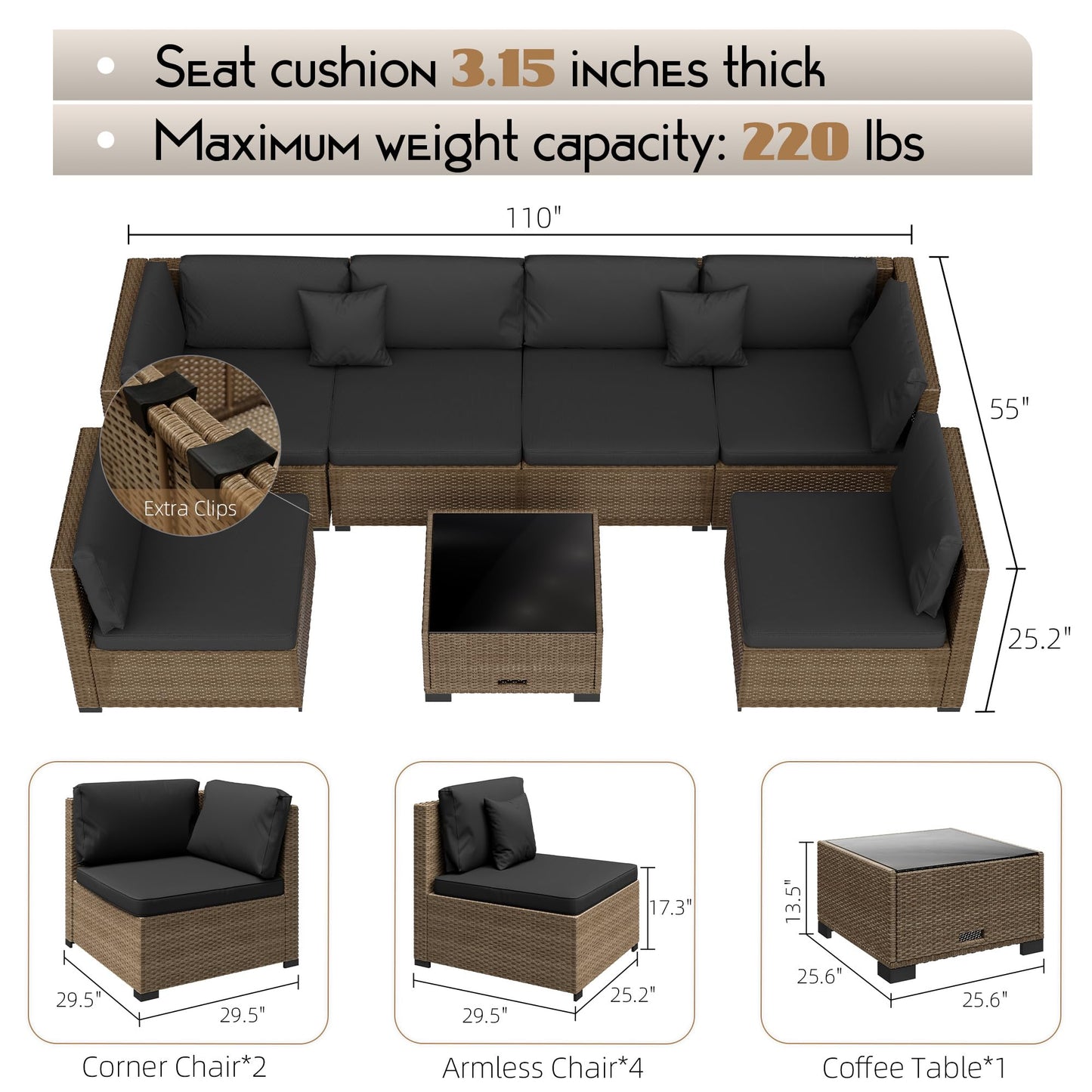 LHBcraft 7 Pieces Outdoor Furniture Set, Wicker Furniture Patio Conversation Sets with Tea Table and Thickened Black Cushions, Outdoor Patio Sectional Sofa for Garden, Poolside, Backyard