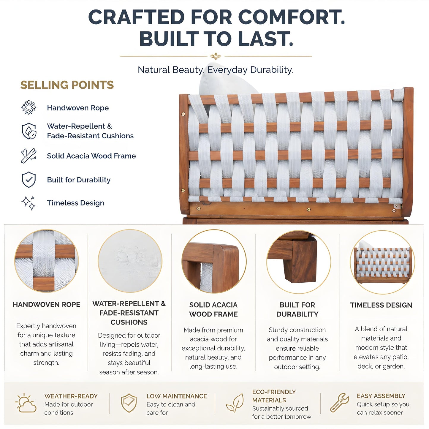 Merax 3 Piece Outdoor Patio Furniture Set,All-Weather Acacia Wood Sectional Sofa with Ottoman,1 Coffee Table for Porch, Lawn, Backyard, Balcon,Beige Rope & Water-Repellent Fabric Cushions,Teak+ Beige