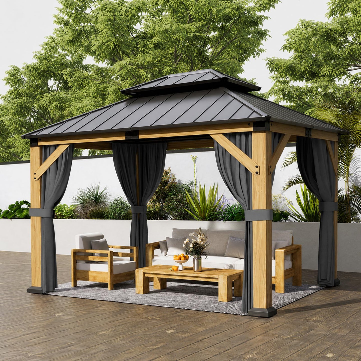 Jocoevol 10' X 12' Wood Gazebo Hardtop Outdoor Permanent Pavilion with Double Galvanized Steel Roof, Curtains and Netting, Snow Support, Wind Resistance, for Backyard Garden, Lawns, Patio