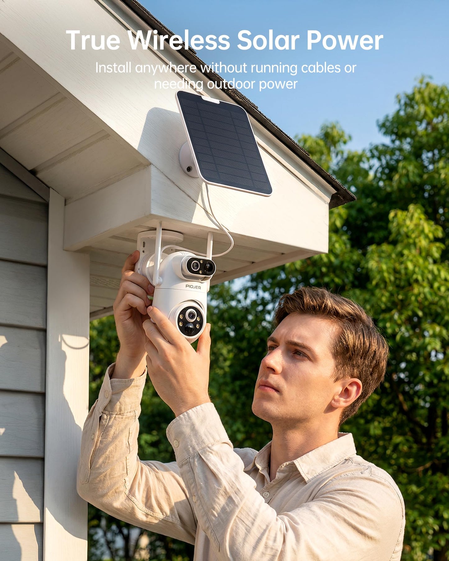 PIOJER Solar Security Camera Wireless Outdoor Dual-Lens 2K(2MP Wide-Angle & 2MP PTZ) Cameras System for Home Color Night Vision 32GB Local Storage PIR AI Human Detection No Subscription Fee 4Pack