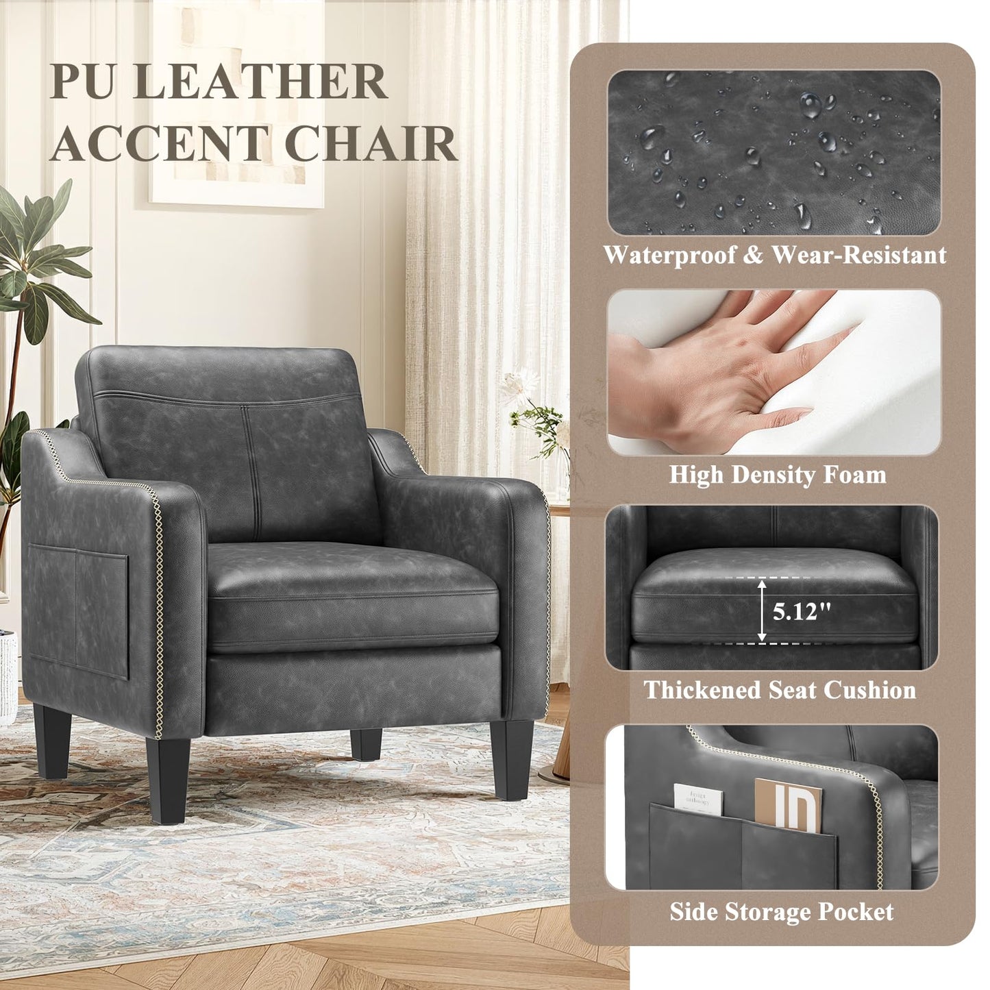 MALOL PU Leather Accent Chair Set of 2, Mid-Century Modern Living Room Armchair Sofa with Removable Cushions, Solid Wood Frame & Stitched Armrest Design, Bedroom Chair with Plastic Legs, Black