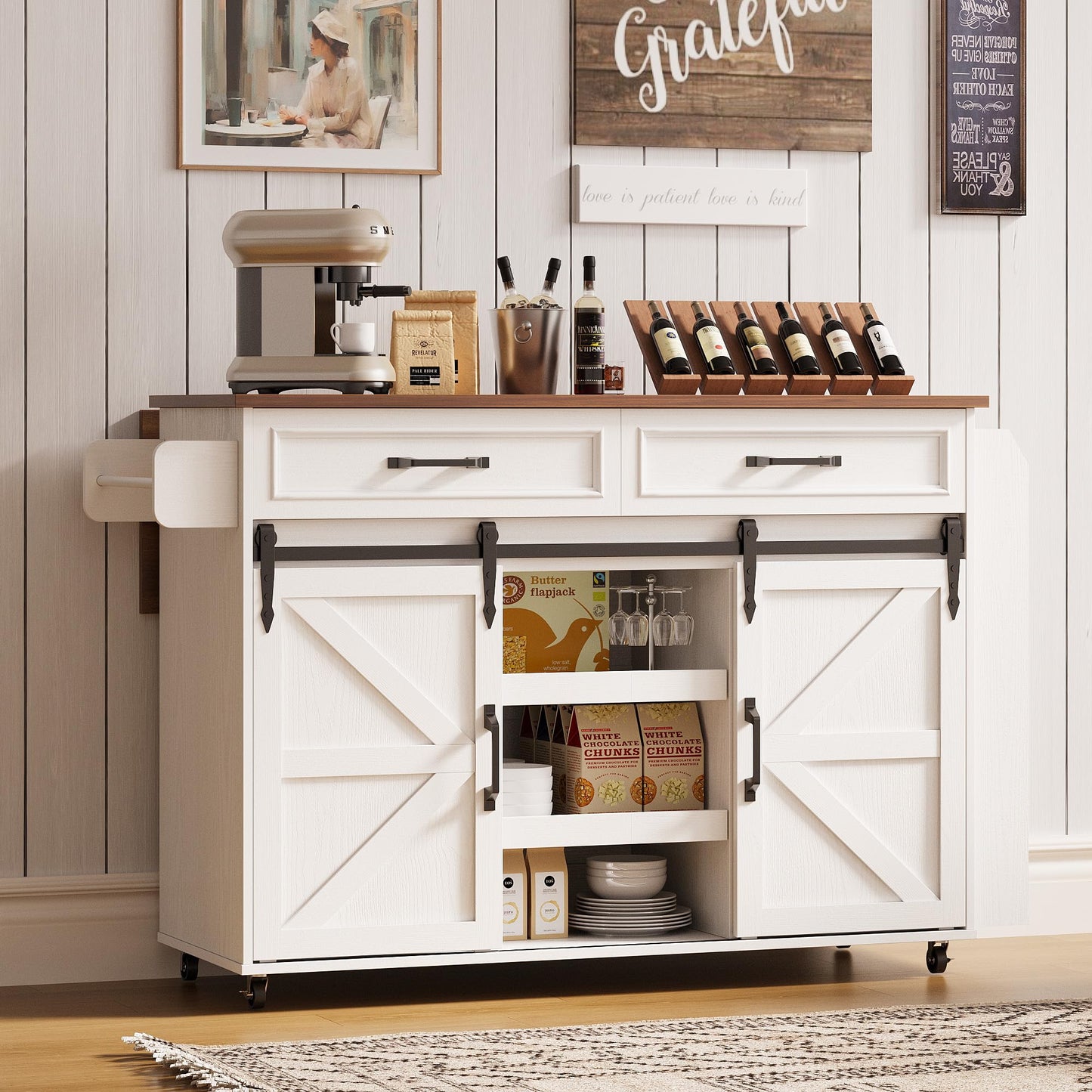 IRONCK Kitchen Island with Storage, Rolling Kitchen Island Cart with Drop Leaf Countertop and Pull-Out Shelf, Barn Doors, for Dining Room, Home Bar, White