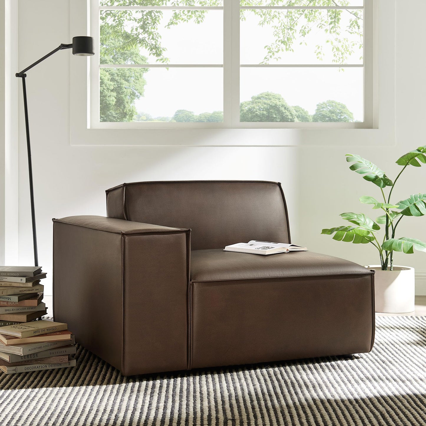 Modway Restore Left-Facing Faux Leather Modular Lounge Chair in Espresso - Living Room Vegan Leather Upholstered Single-Arm Accent Armchair for Sectional Sofa