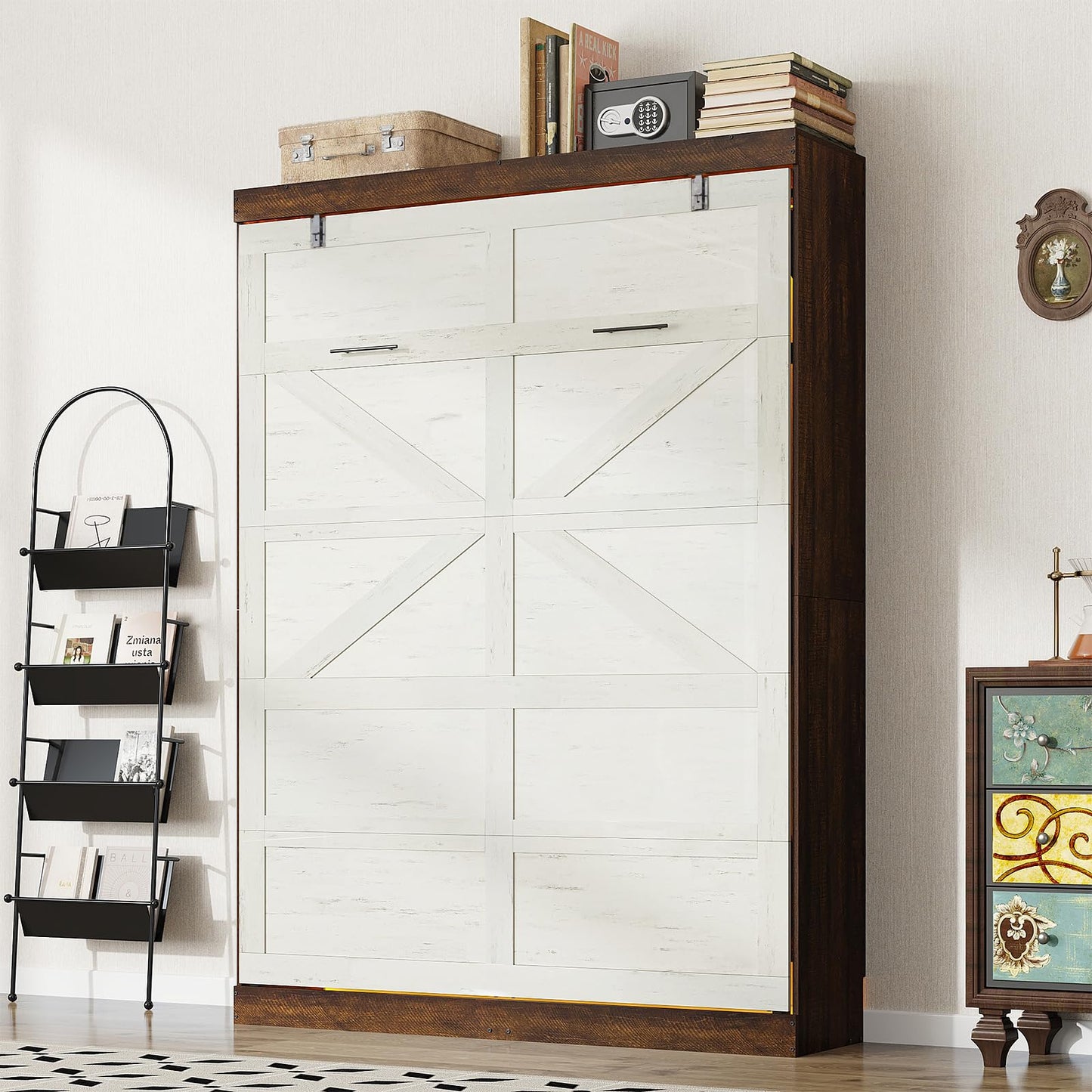 Hlivelood Queen Size Murphy Bed with 2 LED Lights, Farmhouse Wood Hidden Foldable Wall Bed Frame w/Gas Struts, Storage Bed Cabinet for Bedroom, Office, Space-Saving, No Box Spring Needed, Rustic White