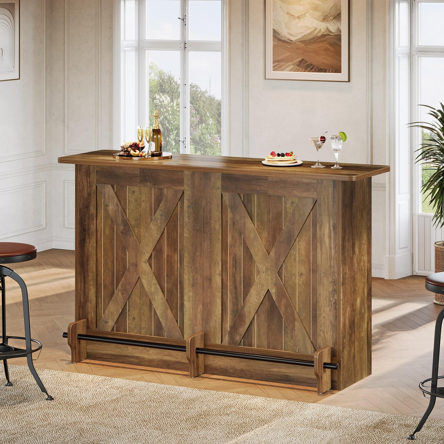 Tribesigns 63-Inch Bar Table, 2-Tier Bar Cabinet Height Pub Table with Footrest, Modern Coffee Cabinet for Home Kitchen, Large Home Unit Liquor Furniture, Bistro, Dining Room, Living Room (1, Brown)