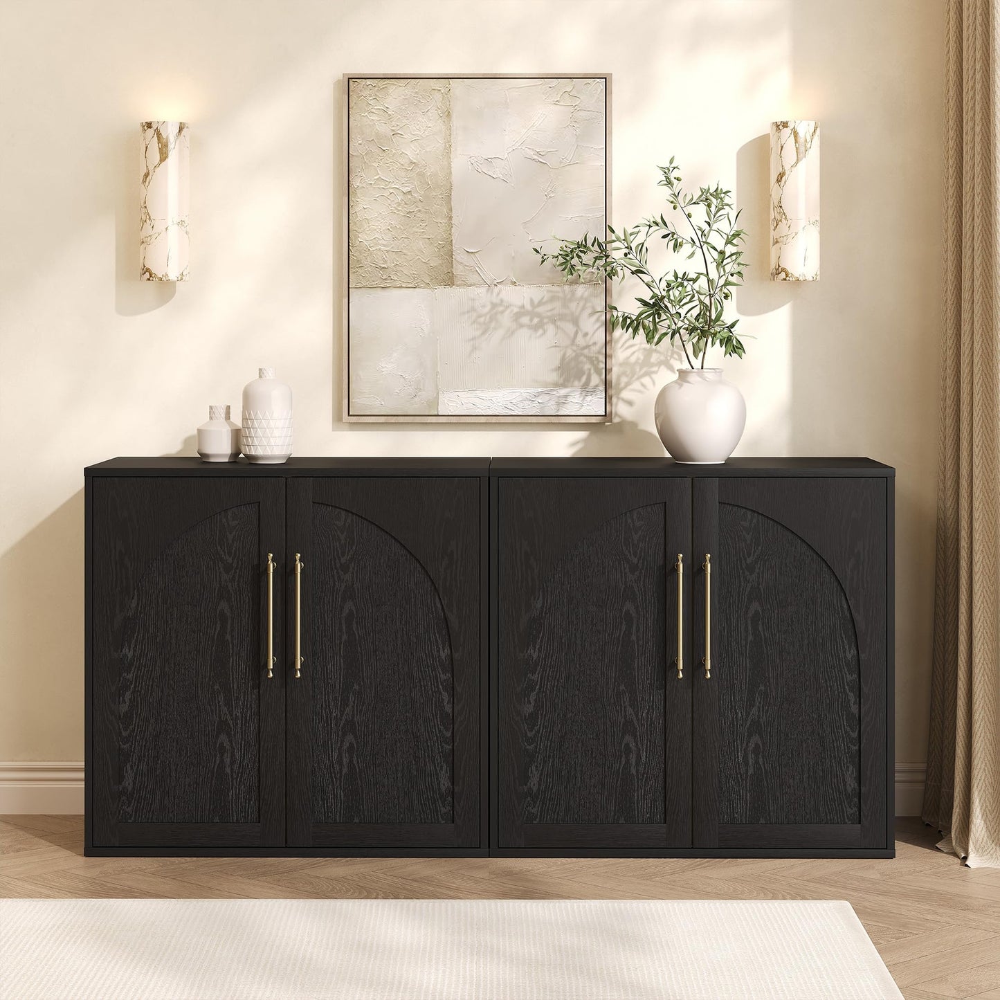 Garvee Arched Storage Cabinet with 2 Adjustable Shelves, Small Modern Farmhouse Sideboard Buffet Cabinet, Media Console Credenza with Anti-Tip Kit, for Living Room, Kitchen, Coffee Bar (Set of 2)