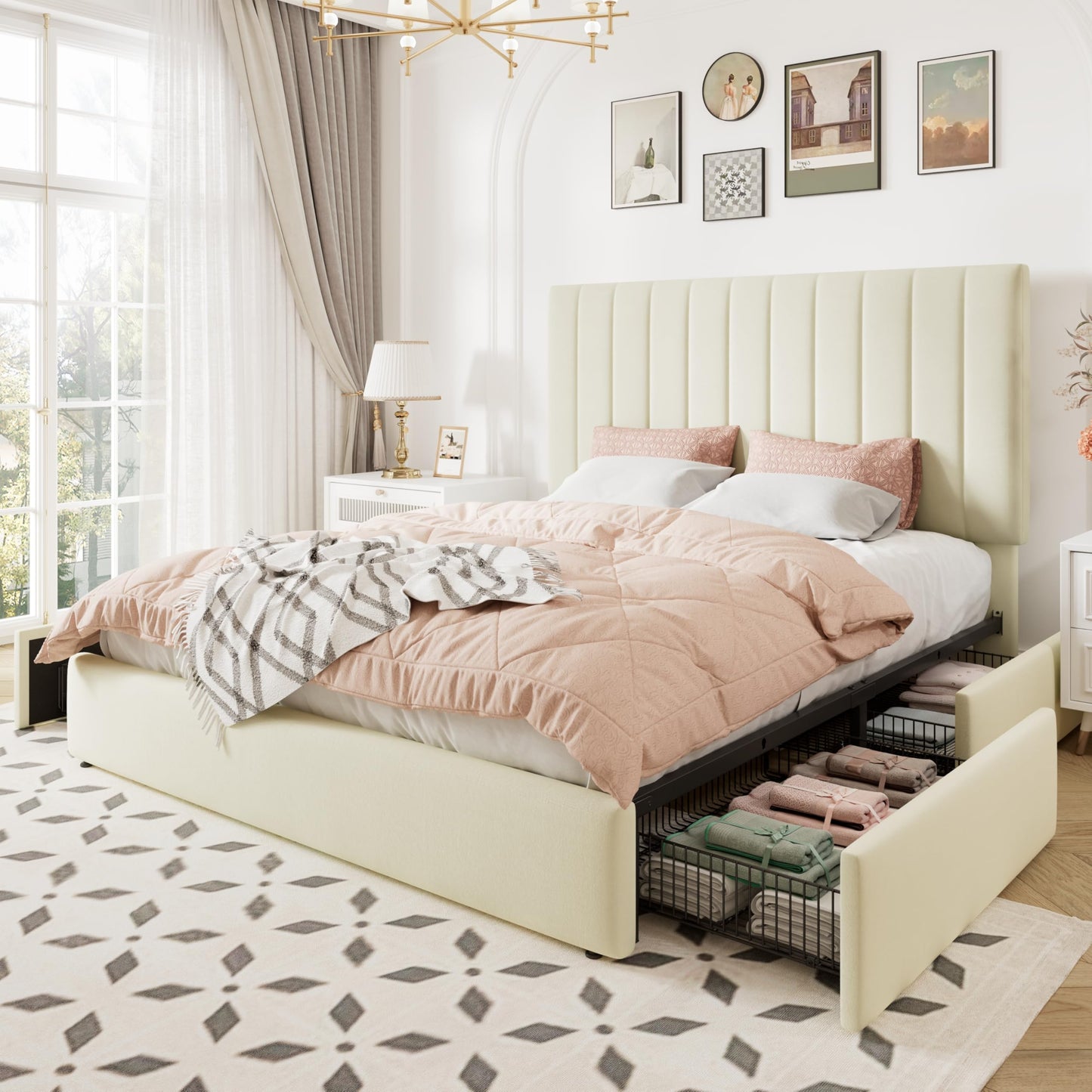 Allewie Queen Size Storage Bed Frame, Vertical Channel Tufted Adjustable Headboard, Velvet Upholstered Platform Bed with 4 Oversized Underbed Drawers, Wooden Slats Support, No Box Spring Needed, Cream