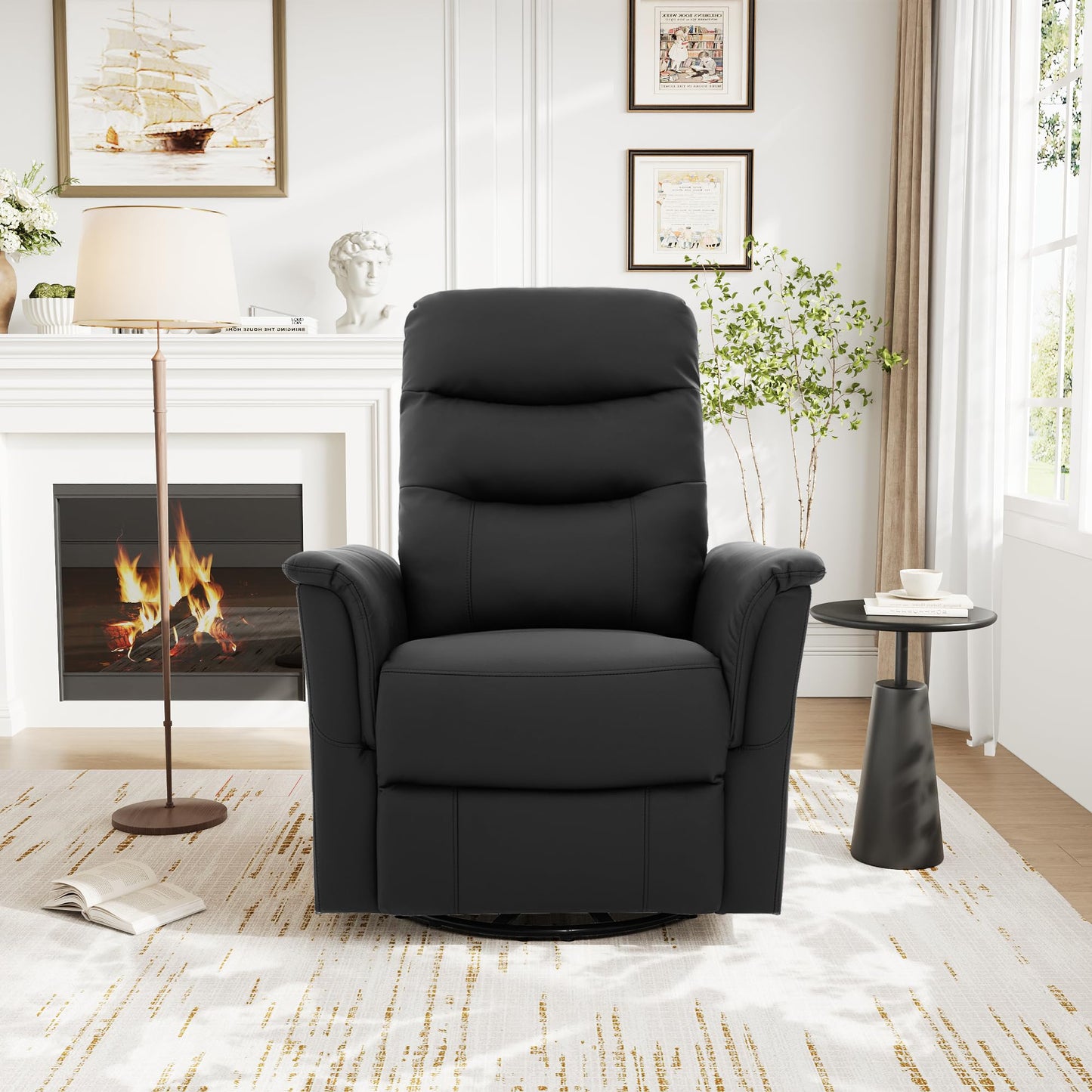 Merax Manual Recliner Chair Rocking & 270° Swivel Recliner with 8-Point Massage Function and Adjustable Backrest, Brown PU Leather Recliner for Living Room, Nursery, Bedroom, Black