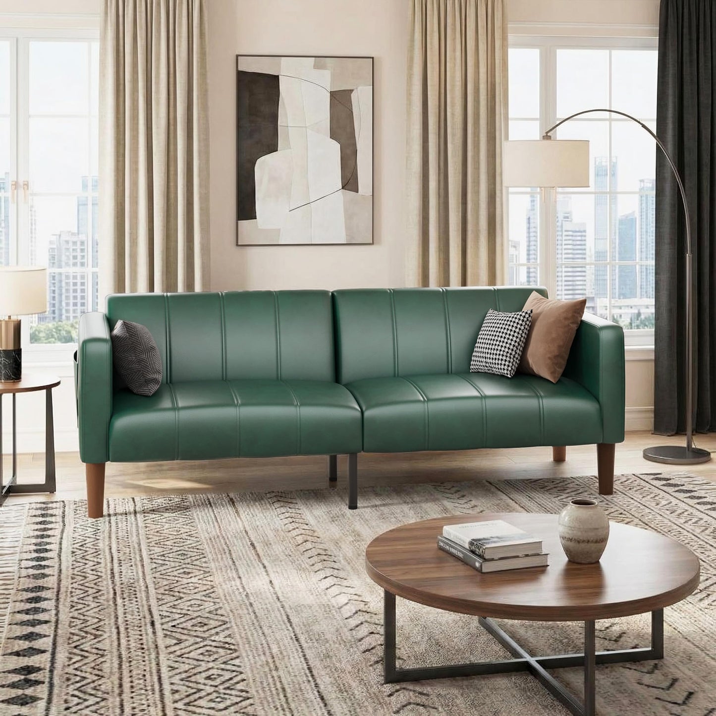 75 in Futon Sofa Bed, Faux Leather Convertible Couch with Adjustable Backrest, Side Pocket, Mid Century Modern Loveseat Sleeper Sofa for Living Room, Bedroom, Apartment, Small Spaces, Green