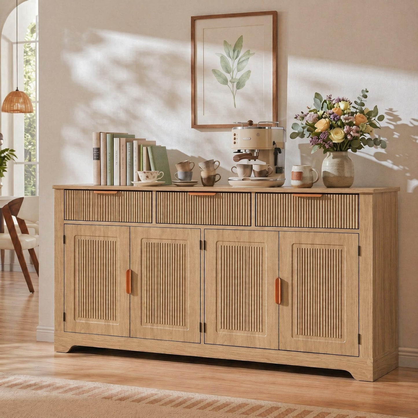 DWVO 59" Fluted Buffet Cabinet with Storage Natural Oak