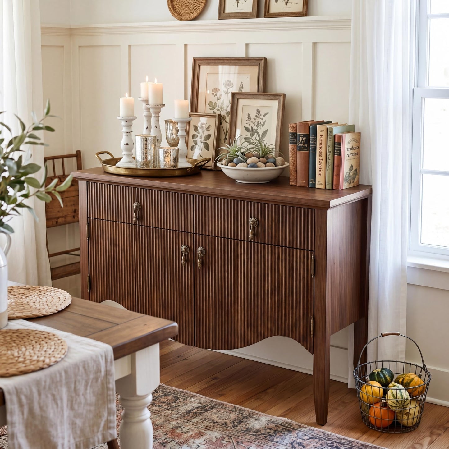 FUSUNBAO 40" Fluted Buffet Cabinet, Sideboard Credenza with Drawer,Walnut