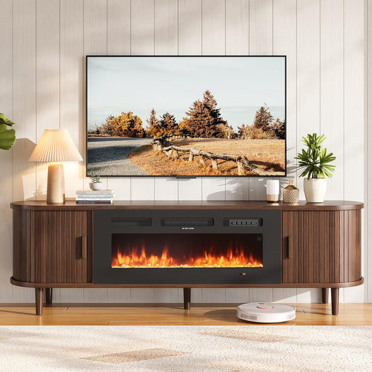 OneBlis 70" Mid Century Modern TV Stand with Fireplace, Fluted Fireplace TV Stand, Entertainment Center with Sliding Door, TV Console with Solid Wood Legs for Living Room, Walnut