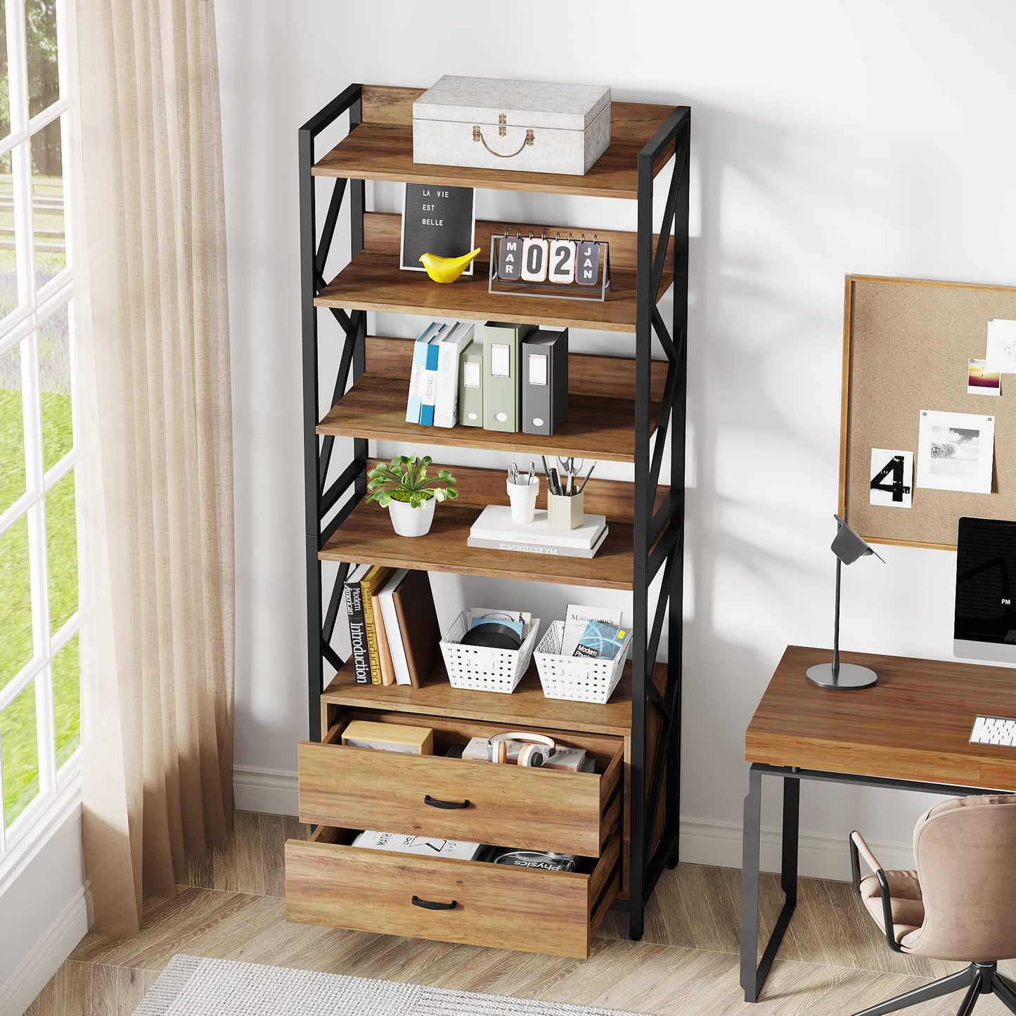Tribesigns Bookshelf with Drawers, 70.8" Industrial Bookcase with 2 Drawers, 5 Shelf Open Shelf for Storage, Wood Book Shelf for Living Room, Bedroom, Home, Office (1, Rustic Brown)