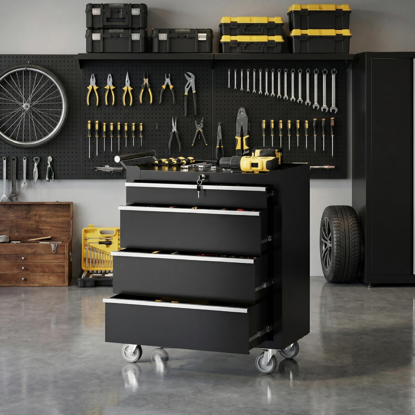 SierraSquad Rolling Tool Chest, 4-Drawer Tool Storage Cabinet, Tool Box with Wheels, Lock System and Drawer Liners, Tool Cart for Warehouse, Workshop and Repair Shop, Black