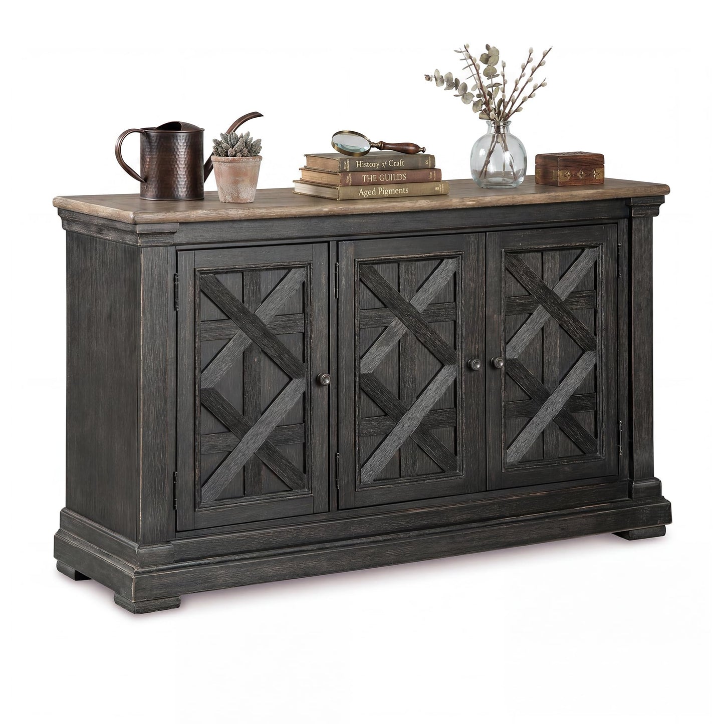 Signature Design by Ashley Tyler Creek Vintage Casual Dining Room Buffet Cabinet or Server with 3 Doors and Lattice Design, Wood, 36" High, Black & Gray