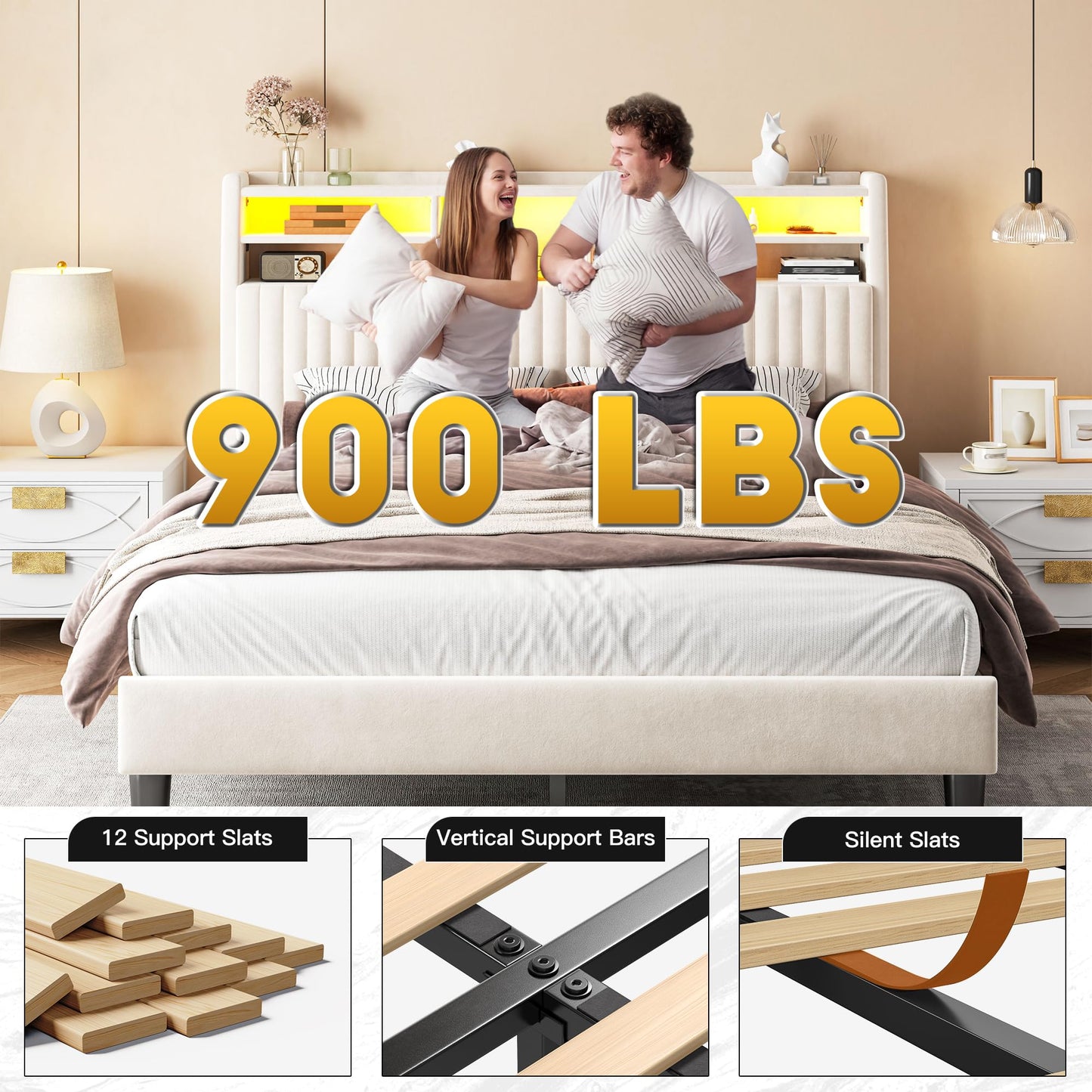 Homkdom Queen Bed Frame, Upholstered Bed Frame with Vertical Channel Tufted Headboard,Velvet Bed Frame Queen with Charging Station and LED Lights, Wooden Slats, Noise Free, Beige
