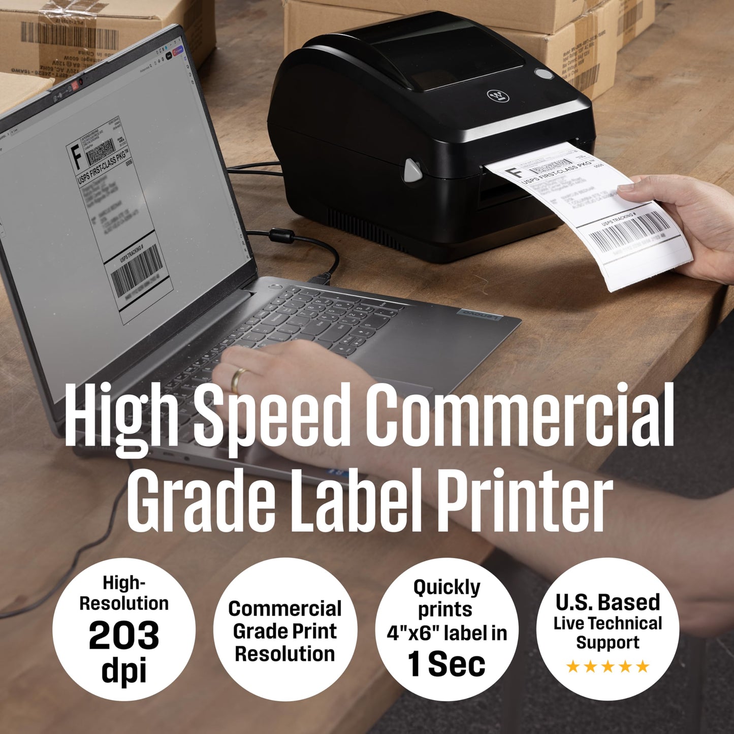 Westinghouse Thermal Shipping Label Printer USB, 4x6 Label Commercial Grade, Compatible with USPS, UPS, FedEx, Shopify, Amazon, Small Business, Desktop Label Printer for Packages, Includes Labels