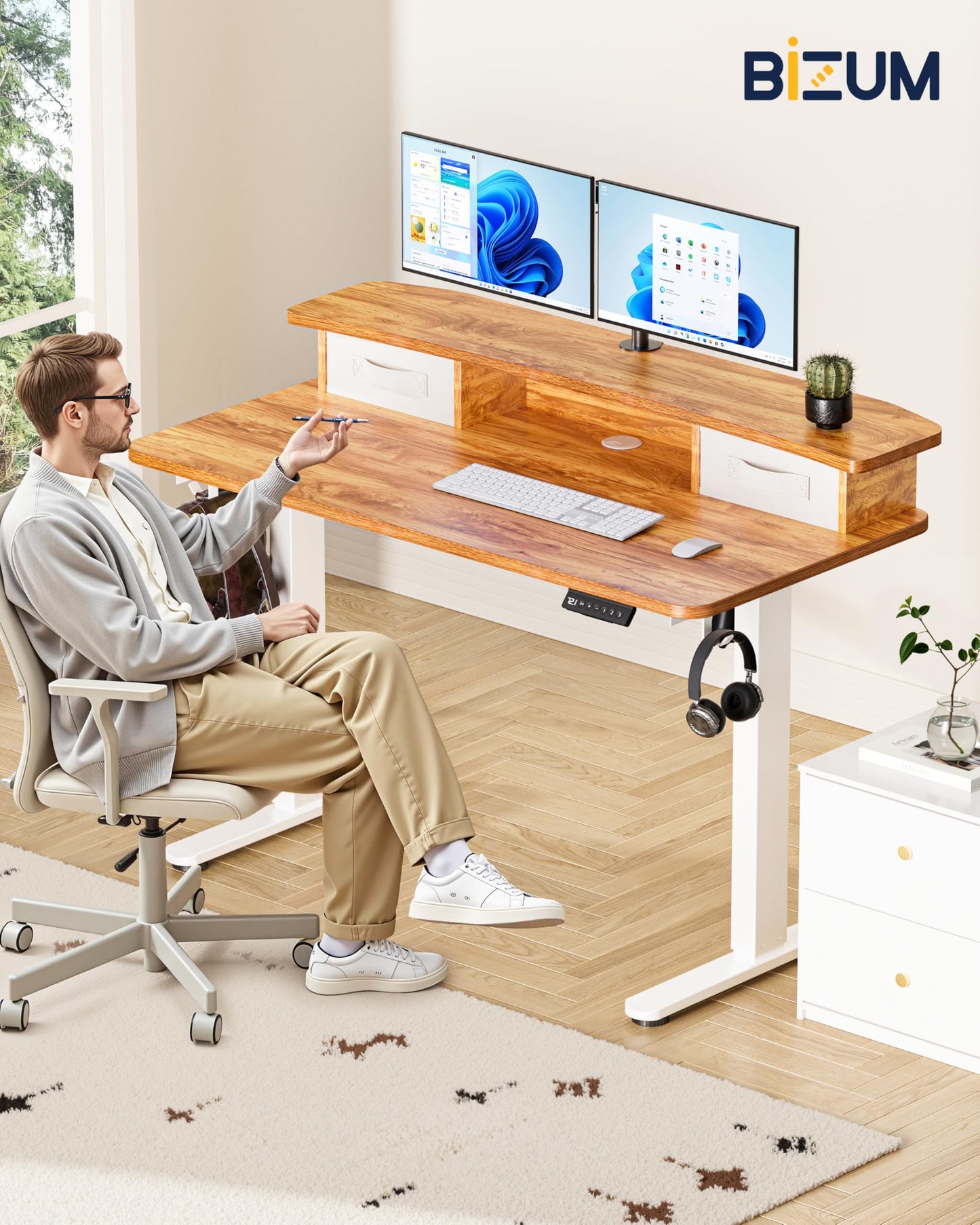 BIZUM Standing Desk with 2 Drawers Computer Desk-Stand up Desk Home Office Gaming Memory Desks C-Clamp Mount Compatible, 48x24 Inch Light Rustic Brown