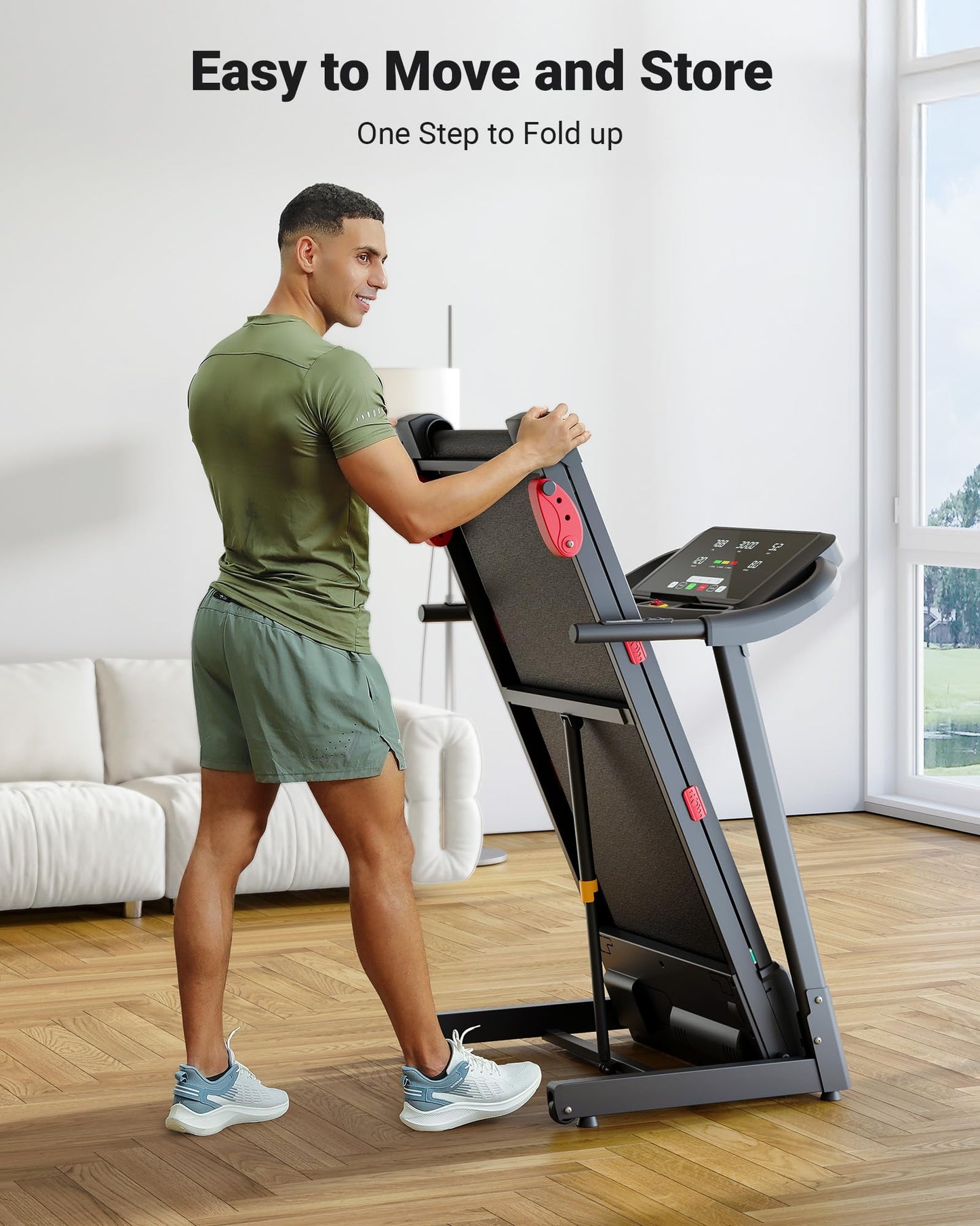 THERUN Incline Treadmill, Manual Incline Treadmill for Running and Walking, 300 lbs Weight Capacity, Wide Belt,3.0HP,18" LED Screen, 2 Layers Shock-Absorbing, Red