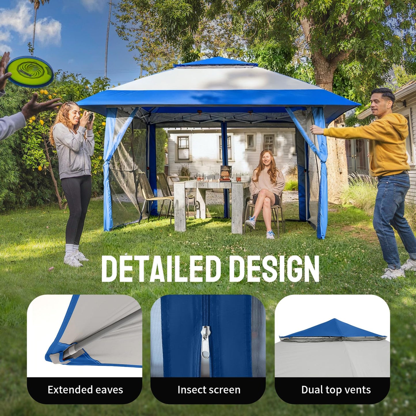CROWN SHADES 13x13 Pop Up Gazebo, Canopy Tent, Gazebos on Clearance - Outdoor Gazebo for Backyard & Patio Furniture - Carpa Pop Up Tent with Wheeled STO-N-Go Cover Bag (Blue & Grey)