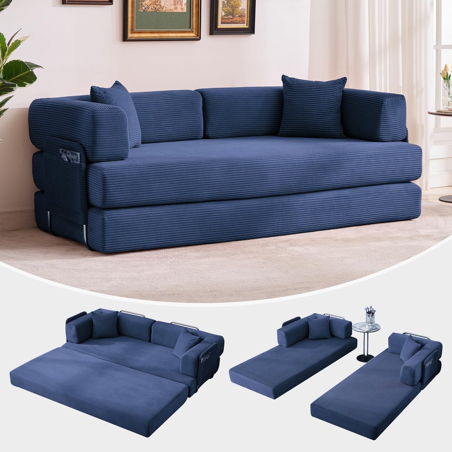 GarveeLife 78.8" Modular Corduroy Sofa Bed,5 in 1 Convertible Futon Floor Couch with Pull-Out Sleeper,Multi-Functional Futon for Living Room Guest Room & Small Spaces