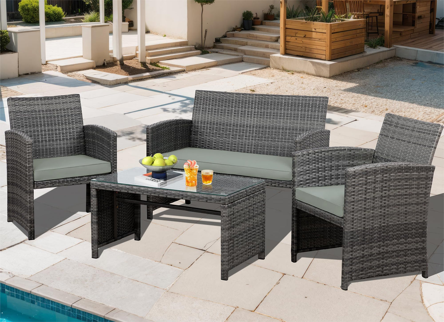 JAMFLY 4 Piece Outdoor Patio Furniture Set, Outdoor Wicker Rattan Chairs Conversation Sets with Cushions & Coffee Table for Outside, Garden, Balcony, Porch, Grey