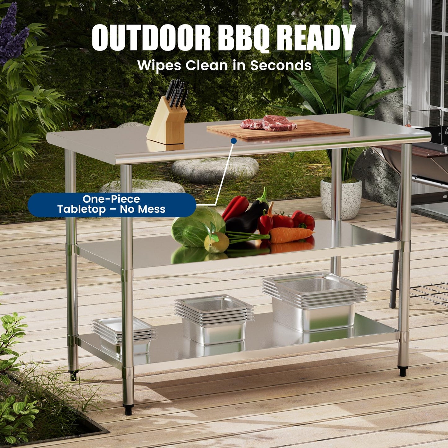Stainless Steel Work Table 24 x 60 Inch with 2 Adjustable Undershelves, Heavy-Duty Metal Prep Table for Commercial Kitchen & Restaurant, Garage, Outdoor