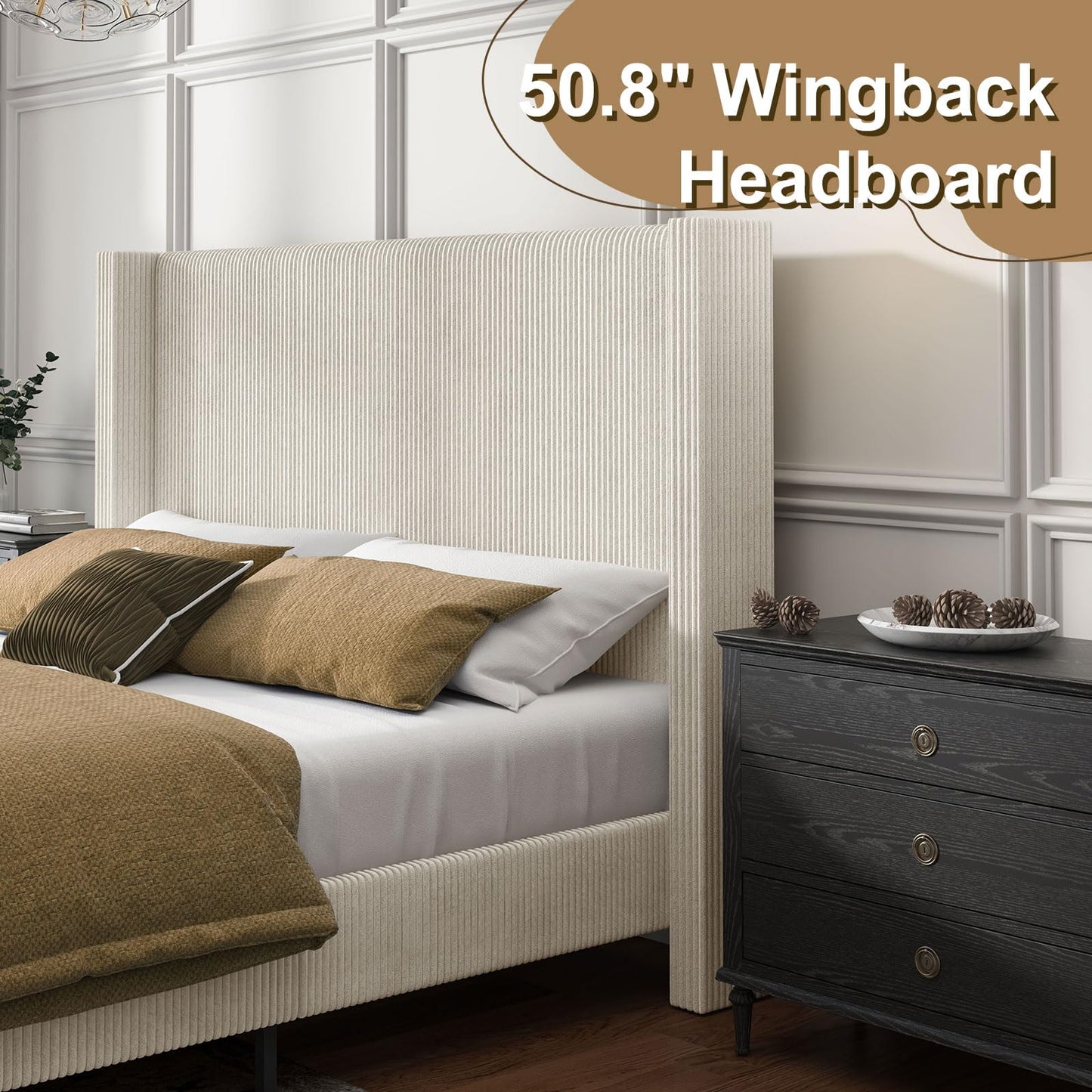 HOWE King Size Bed Frame with 50.8 Inch Corduroy Wingback Headboard, Cream