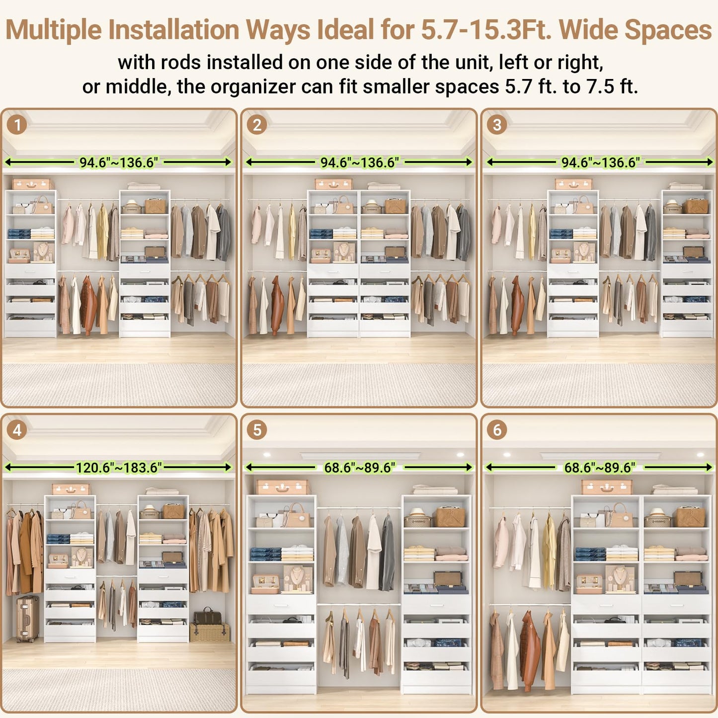 Aheaplus Closet System, 6-15Ft Closet Organizer with 8 Wooden Drawers, Wood Closet Organizer System with Tower, Walk-in Closet Organizer Wardrobe Clothes Rack with 4 Hanging Rods, Garment Rack, White