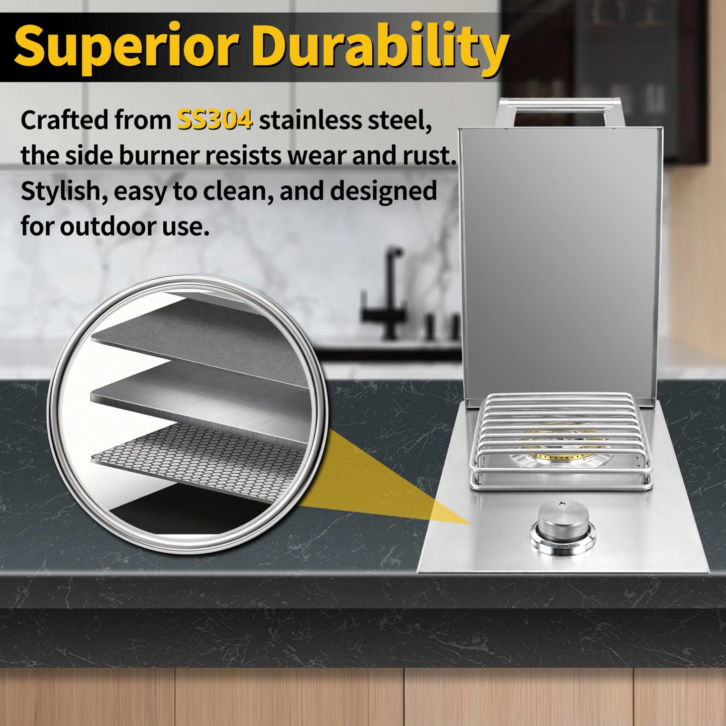 Built-in Single Grilling Side Burner for Outdoor Grill, Heavy-Duty 304 Stainless Steel, Drop in Side Burner With Cover, 15,000BTU Natural Gas & Propane, Single Side Burner for Family Patio Parties