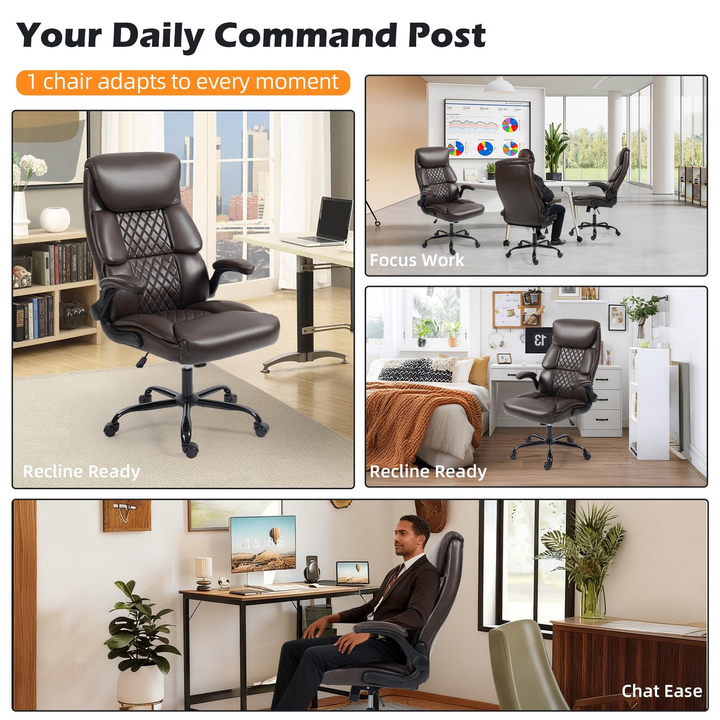 Office Chair - Ergonomic High Back Computer Desk Chair with Rocking Function & Lumbar Support - Executive Comfortable Wide Swivel Rolling Office Leather Chair with Flip-up Armrests for Home Gaming