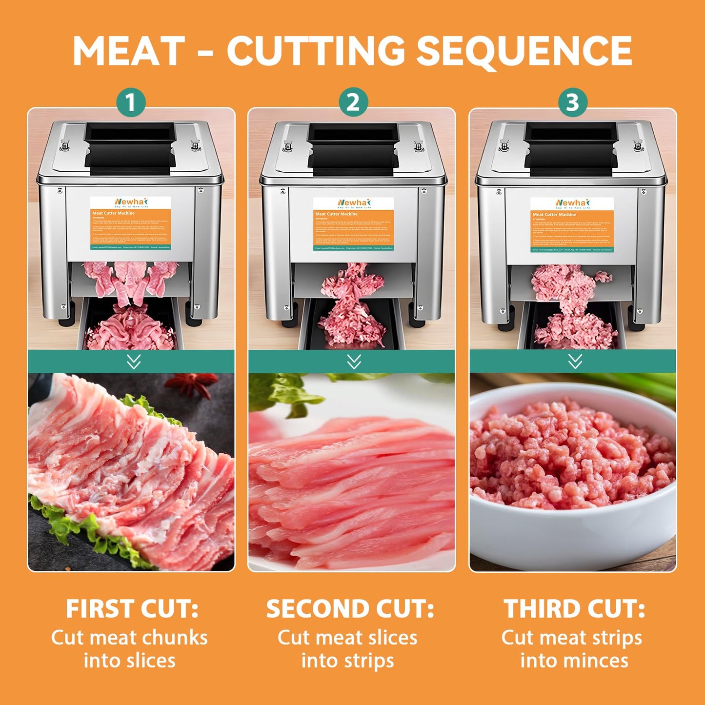 Newhai 850W Meat Cutter Cutting Machine 15mm Electric Meat Slicer Shredded Machine Stainless Steel 330lb/h for Boneless Pork Chicken Fish for Family Commercial Use (Meat thickness: 15mm/0.6inch)