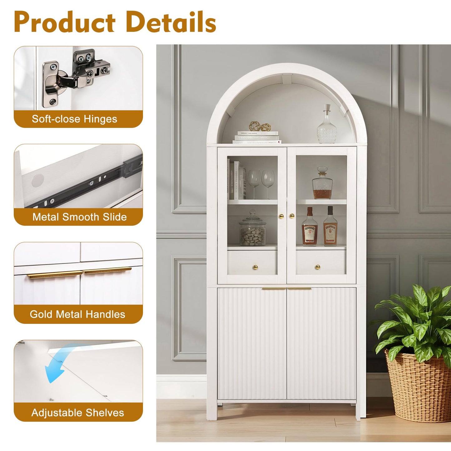 KEIKI 71" Tall Arched Kitchen Pantry Cabinet with Glass Door,Hidden Drawer,Farmhouse Storage with Adjustable Shelves Design for Kitchen,Living & Dining Room