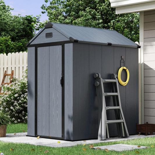 Aoxun 4×6 FT All-Weather Resin Storage Shed, Outdoor Plastic Tool Shed with Reinforced Floor, Lockable Door, Window & Vent for Garden Patio Backyard, Stores Bike, Garbage Can & Yard Gear, Dark Gray
