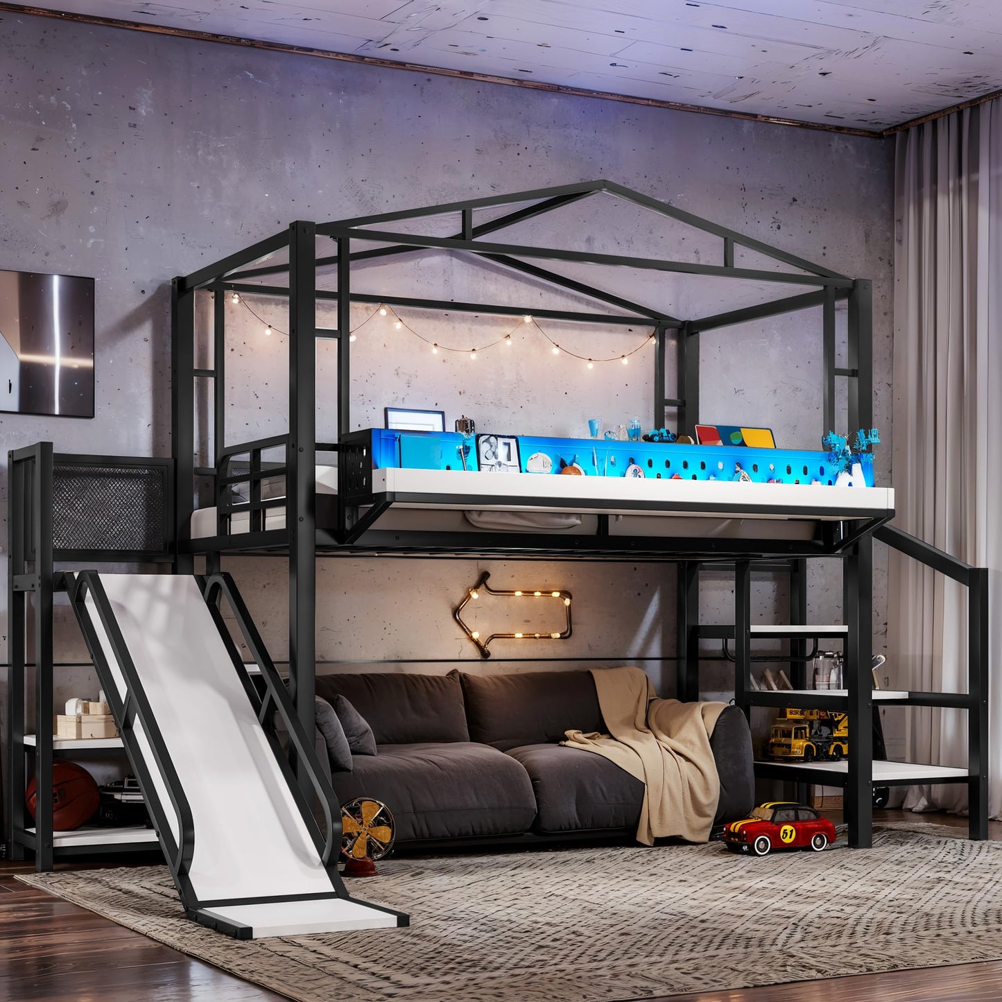 Twin Size Loft Bed with Storage Stairs, Shelves, Bedside Shelf and Wardrobe, Twin Loft Bed with Slide, Charging Station(USB Port, Outlets) and LED Light, House Loft Beds Frame for Girls, Boys, Black