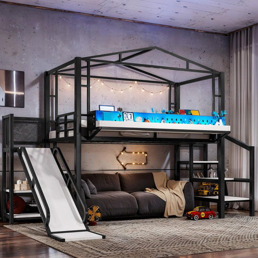 Twin Size Loft Bed with Storage Stairs, Shelves, Bedside Shelf and Wardrobe, Twin Loft Bed with Slide, Charging Station(USB Port, Outlets) and LED Light, House Loft Beds Frame for Girls, Boys, Black