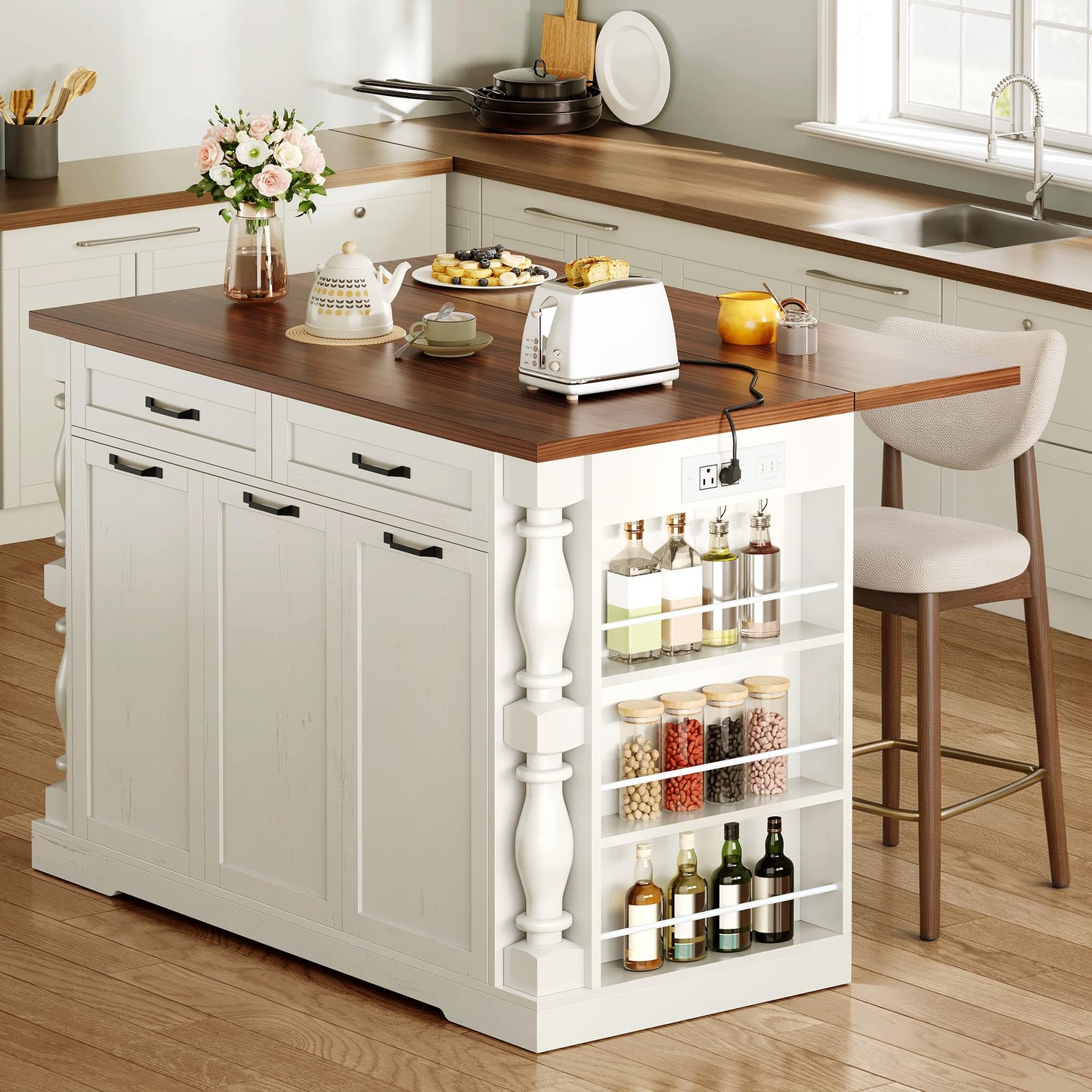 Homiflex Kitchen Island on Wheels, Islands Table with Power Outlet & Trash Cabinet, 47.6" Roman Kitchen Island with Drop Leaf Tabletop, Coffee Cart with Spice Rack & Drawers & Cabinets Rolling Islands
